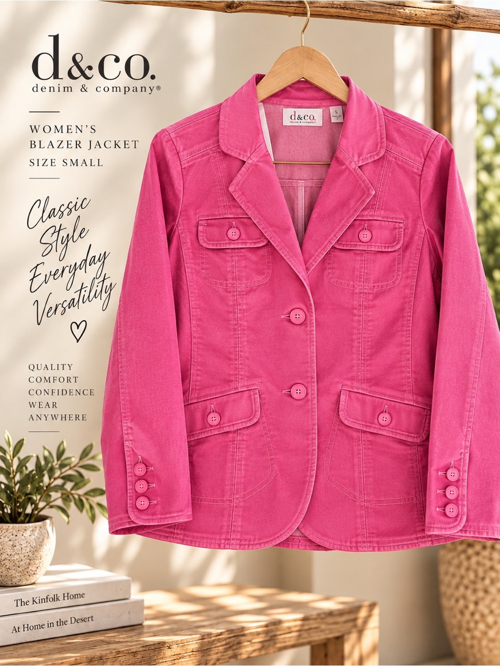 D&Co Denim & Company Pink Stretch Blazer Jacket Women’s Small